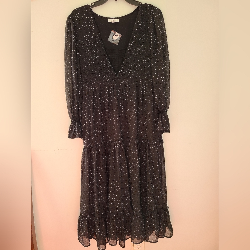 Topshop Smocked Black Polka Dots Long Sleeve Tiered Maxi Dress Size12